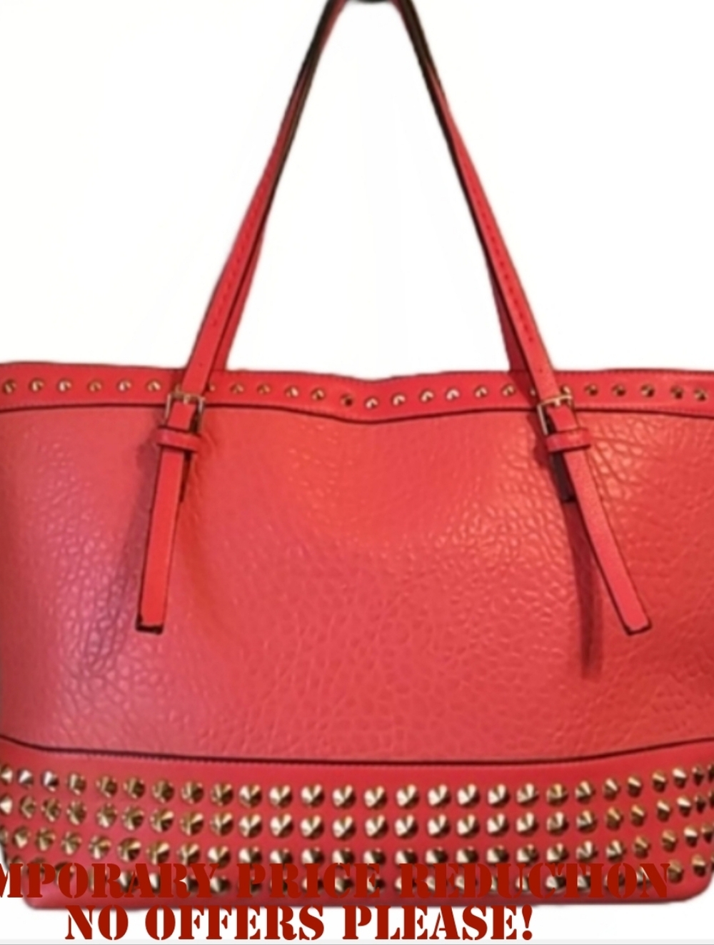 RED FAUX LEATHER GOLD STUD FASHION TOTE BAG